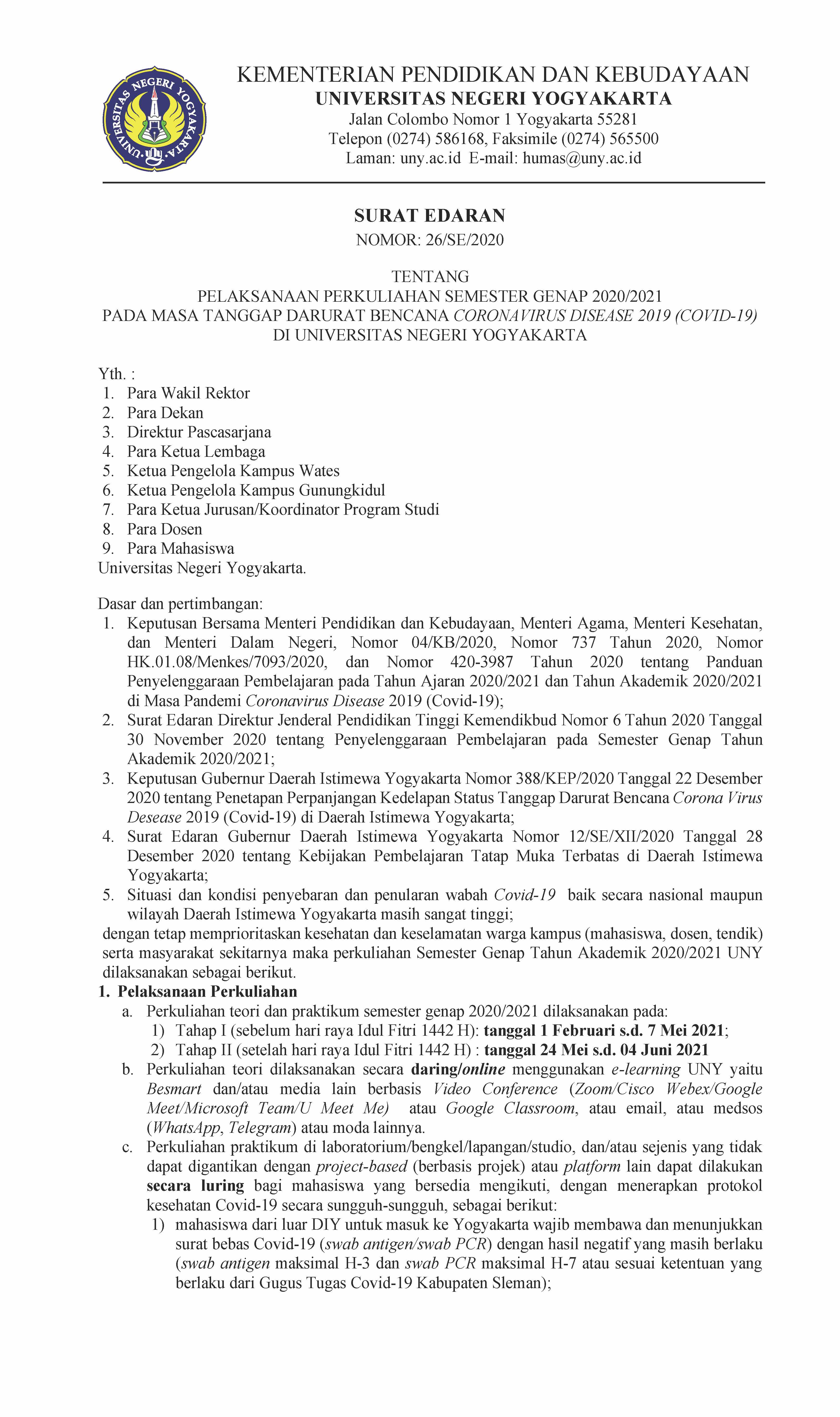 Surat Edaran Nomor 26se2020 Tentang Pelaksanaan Perkuliahan Semester Genap 20202021 1951